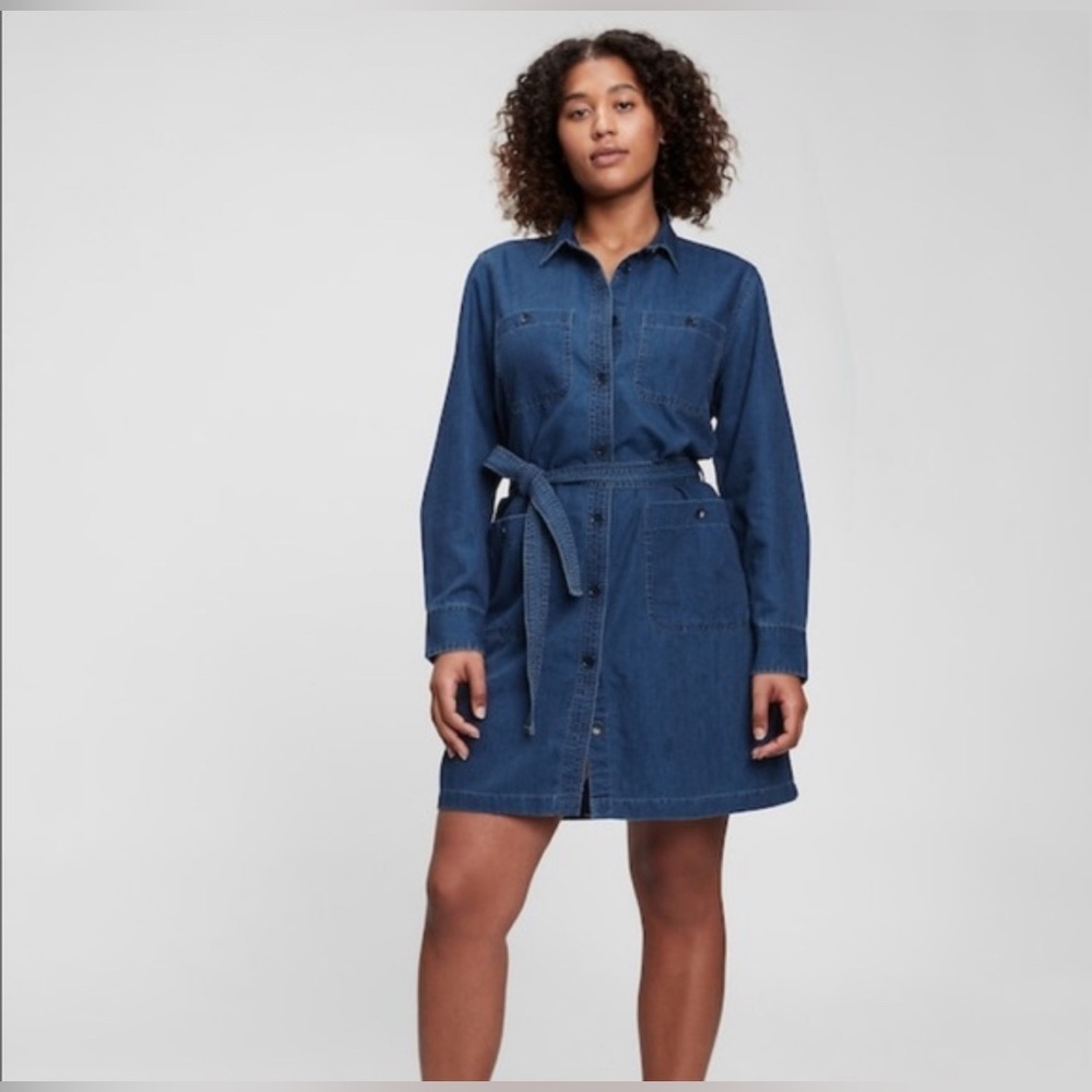 GAP Blue Long Sleeve Denim Dress With Waist Belt. Size-Large Petite